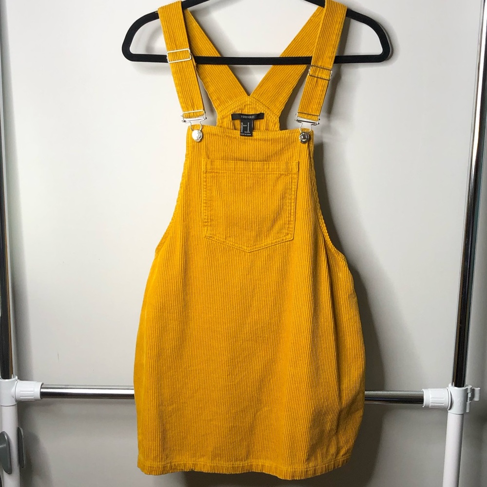 Forever 21 Golden Yellow Corduroy Pinafore Overall Medium Mini Dress